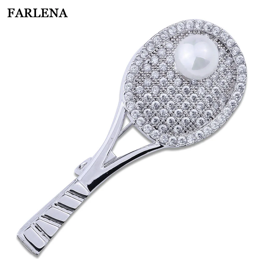

FARLENA Jewelry Unique Tennis racket Shape Brooch Pins With Cubic Zirconia Fashion Austrian Crystal Brooch for women