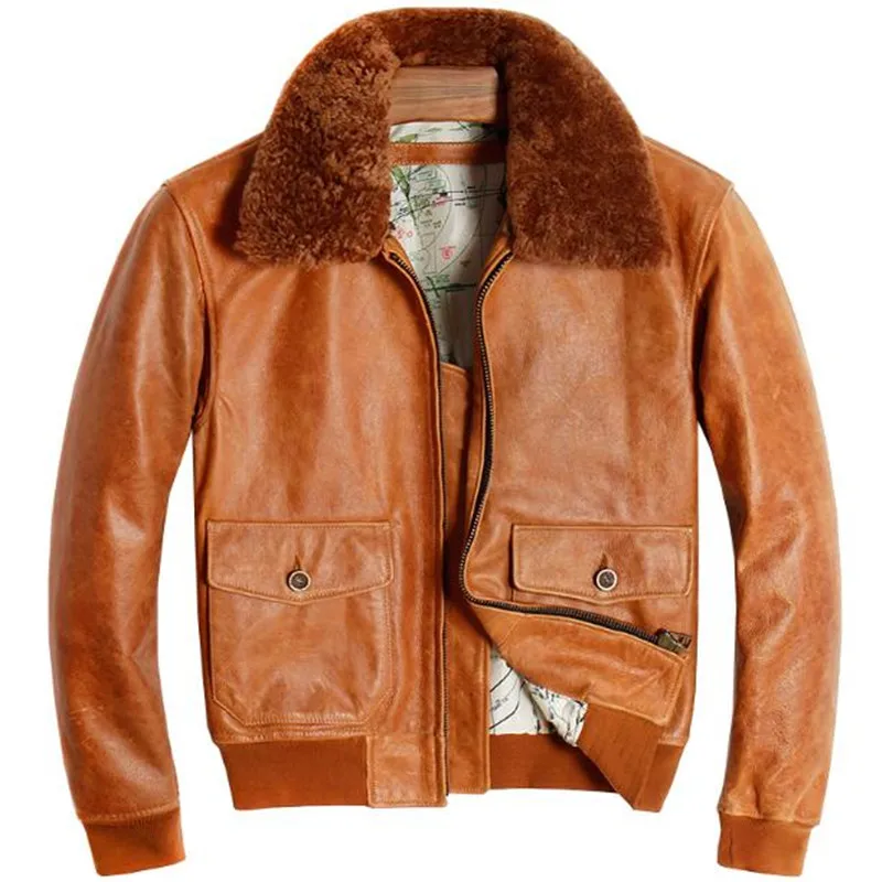 

Pilot Leather Jacket Men Vintage Air Force Flight Genuine Cowhide Leather Jacket Fur Collar Winter Russian Pilot Aviator Coat
