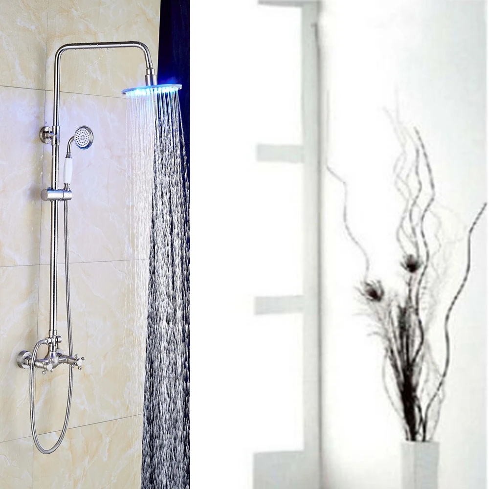 

Modern LED Color Changing Bathroom Shower Faucet Dual Handles Brushed Nickle Tap
