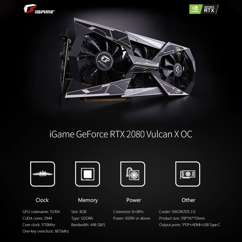 Красочная графическая карта iGame RTX 2080 Vulcan X OC GDDR6 8G Nvidia GeForce RTX 2080 видеокарта 256 бит для игр PCI-E порт