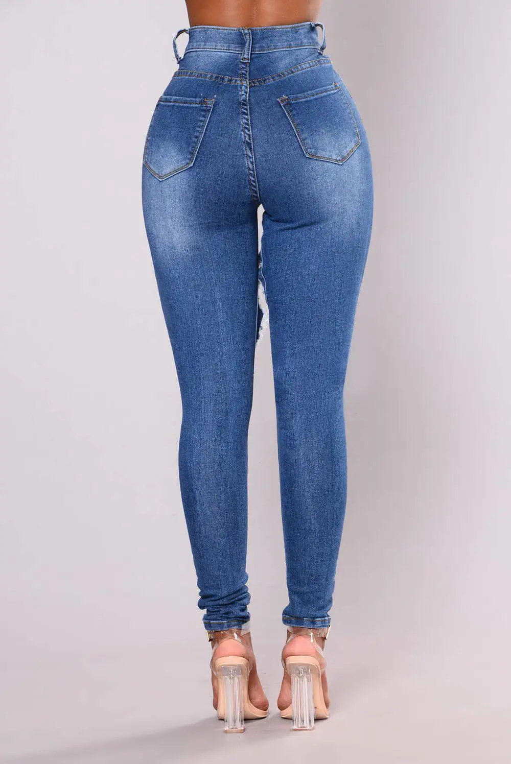 Hole Fashion Denim Jeans Womens Office Aldy Solid High Waisted Jeans Skinny Butt Lift Pants