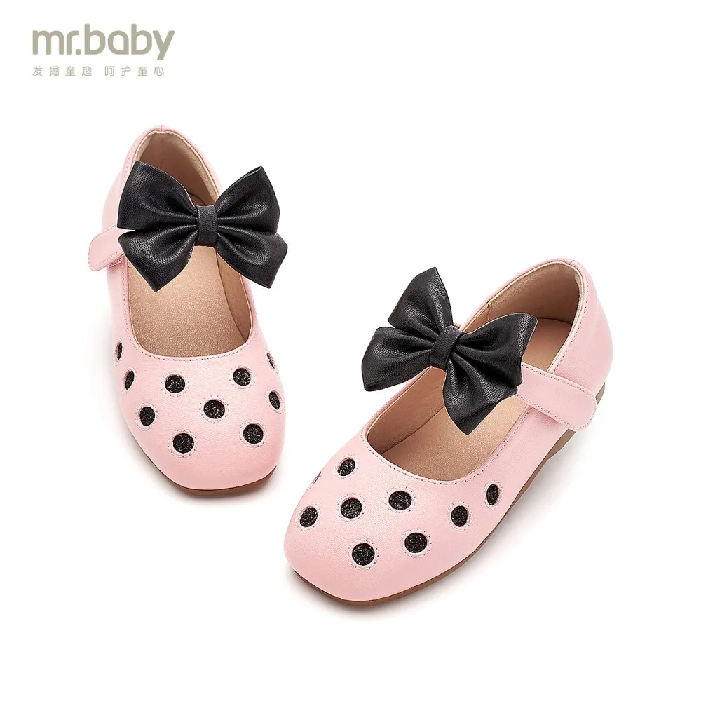 

Mr.baby Original kids shoes 2019 New Spring and Autumn Shining Wave point Retro Bow Princess Girl Square head Leather shoes