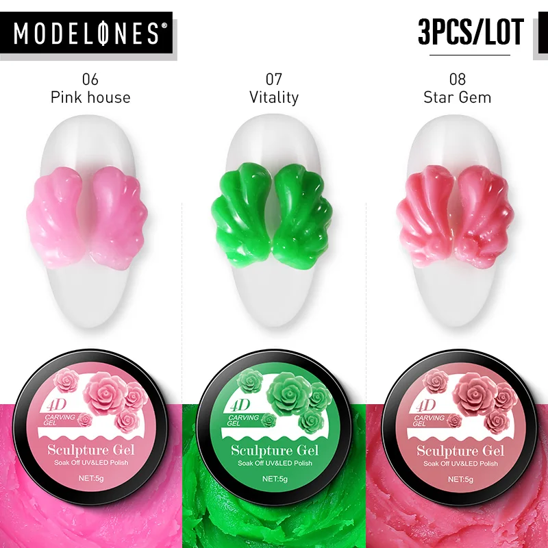 

Modelones 3Pcs/Lot Craving Floiwers Pattern UV Gel Nail Varnish Kits Soak Off Semi Permanent Gel Led Nail Enamel Sculpture Gel