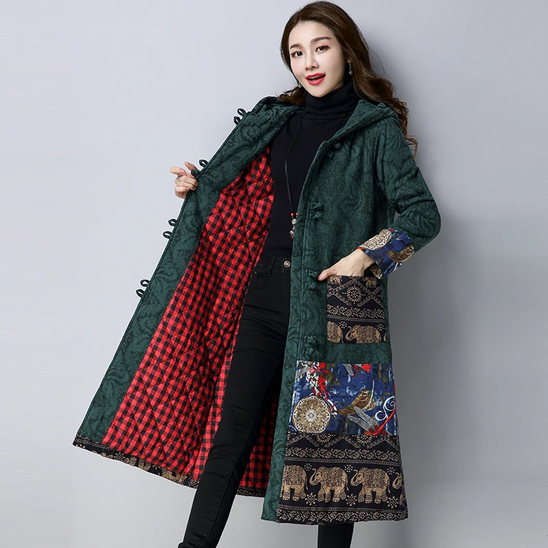 Winter Woman Coats 2018 New Chinese Style Hooded Printing Full Sleeve Loose Women Winter Coats And Jackets Oversize