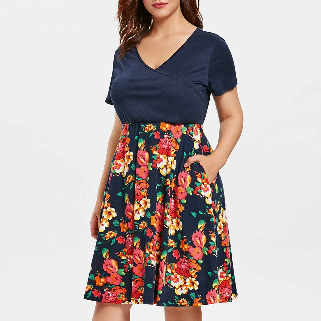 

Fashion women's Large Size V-neck short-sleeved Flower Print Cross Pleated Dress Summer short-sleeved Casual Summer Dress Girl