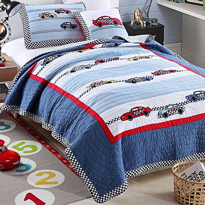 

CHAUSUB Cartoon Kids Quilt Set 2PC SOFT Cotton Quilts Patchwork Bedspread Racing CAR Design Bed Cover Twin Size Boys Coverlet