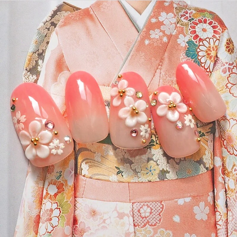 

24pcs Fashion Long Fake Nails Tips Oval Pink Gradient Japanese Kimono Cherry Style Flower Decorated for Fashion Girls