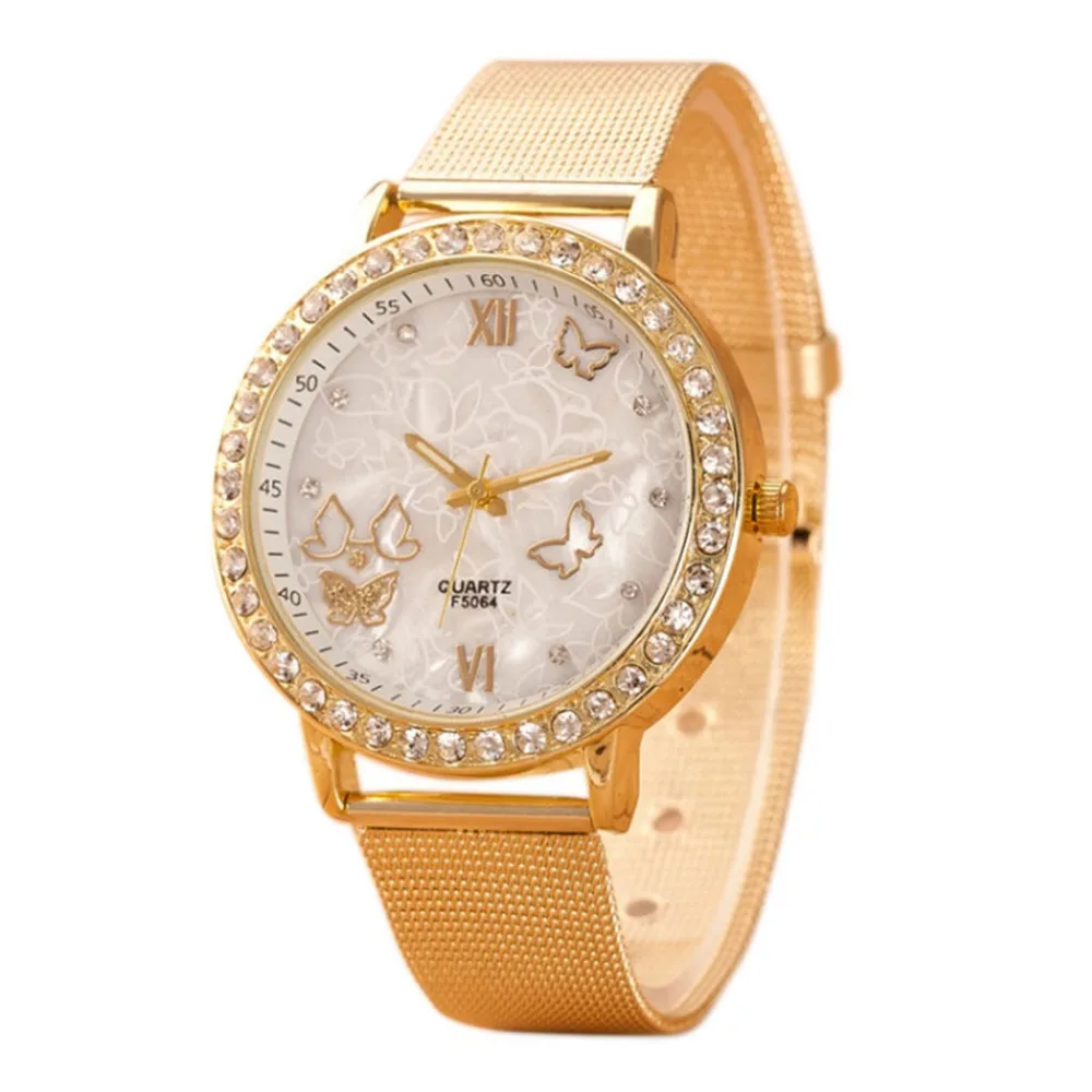 Для женщин Кристалл Бабочка нержавеющая сталь сетки наручные часы золото женские часы под платье Relogio Feminino подарок Баян коль Saati