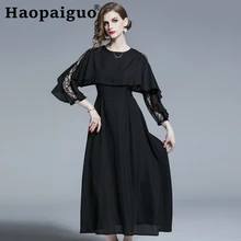 Lace Patchwork Black Dress Summer O-neck Long Sleeve Women Midi Dress Solid Big Swing Cloak Vintage Dress Plus SIze M-XXL Robe cloak sleeve backless solid dress