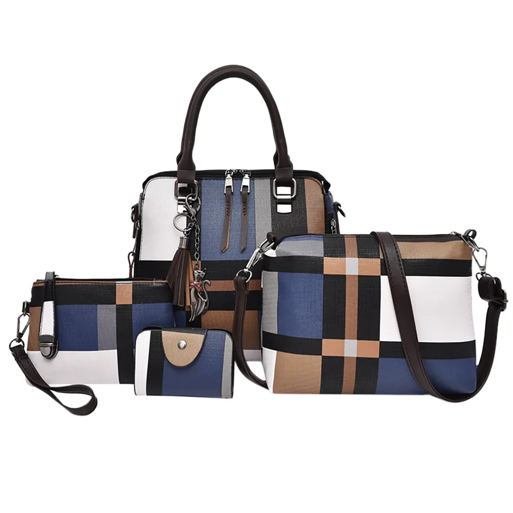 

4Pcs Set Composite Bags Shoulder Crossbody Handbag Phone Bag For Women Girls PU Leather Lattice Print Splicing contrast Card bag