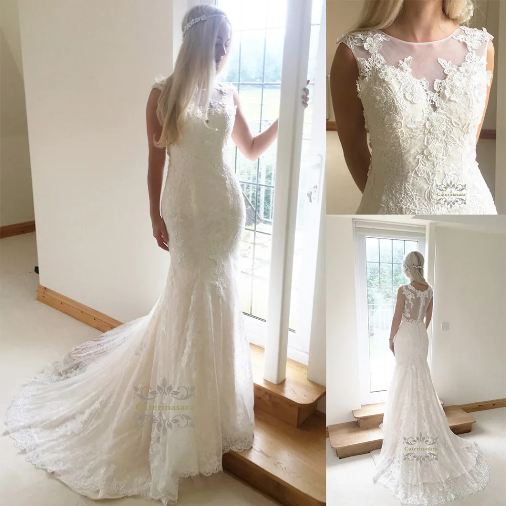 

Mermaid / Trumpet Wedding Dresses V-neck Sweep / Brush Train Lace / Tulle Bride Gowns Fit and Flare Skirt for Girl Sexy Illusion
