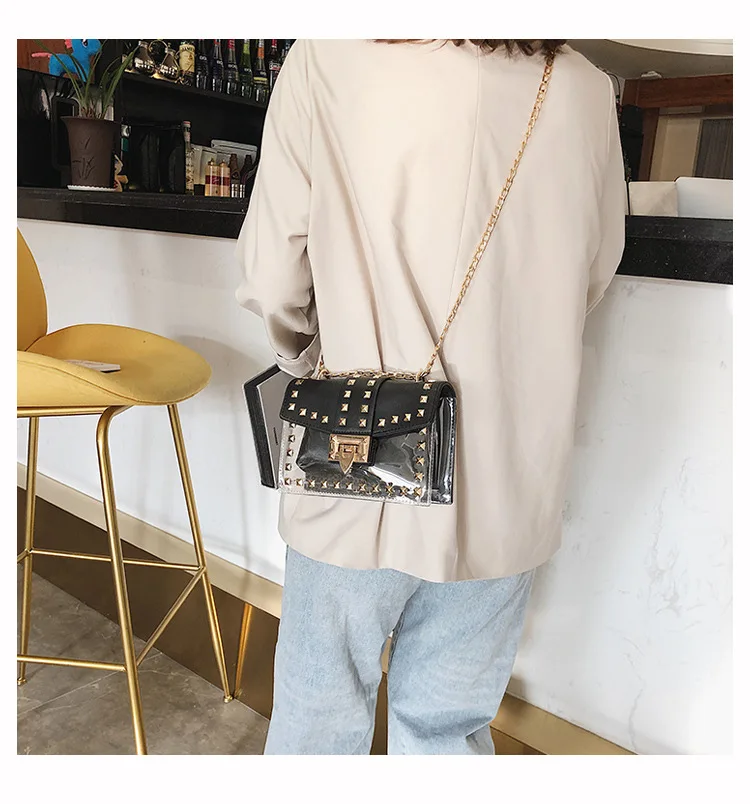 Маленькая прозрачная женская сумка, модная сумка-мессенджер, сумка на плечо с цепочками, женская прозрачная квадратная сумка из искусственной кожи с заклепками