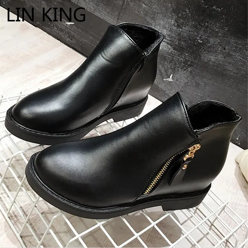 

LIN KING Fashion New Winter Women Flats Shoes Thicken Plush Snow Boots Solid PU Leather Platform Chlsea Martin Botas Shoes