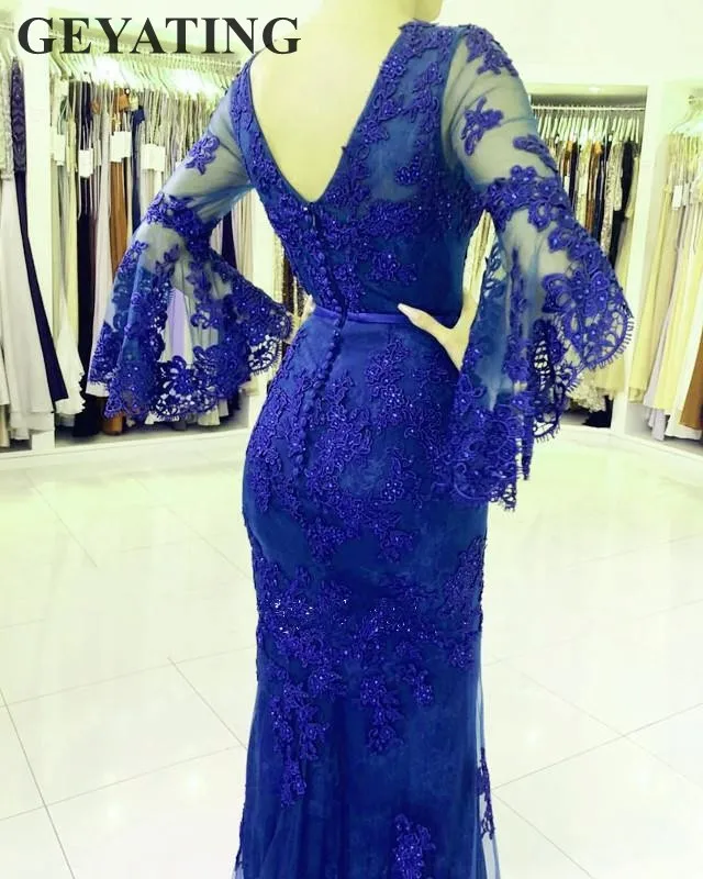 2019 Elegant Lace Mermaid Arabic Evening Dress Long Sleeves V-Neck Hunter Green Burgundy Royal Blue Silver Formal Prom Dresses