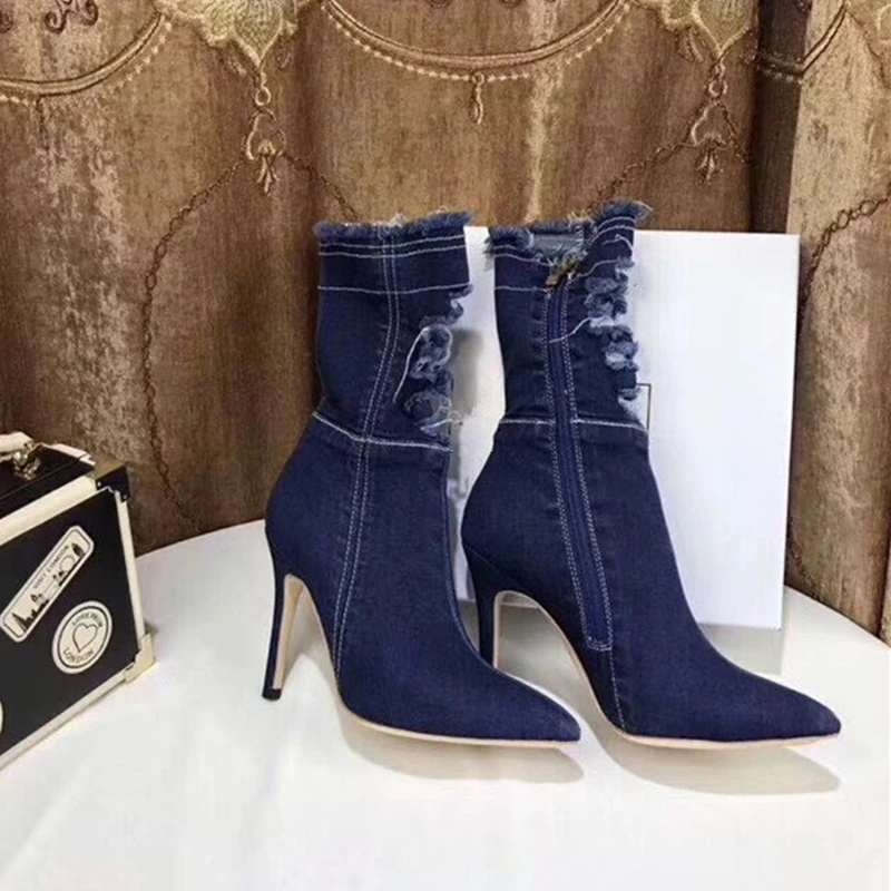 

Fashion Denim Ankle Boots Casual Shoes Winter Pointed Toe Zip Platform Denim Ankle Short Shredded Boots for Women Botas Mujer