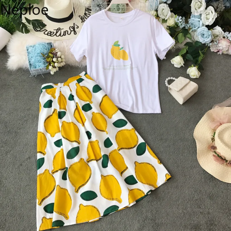 

Neploe Two Piece Set Women Summer Lemon Print O-Neck Short Sleeve T Shirts+Korean High Waist Skirts Fashion Suits 44541