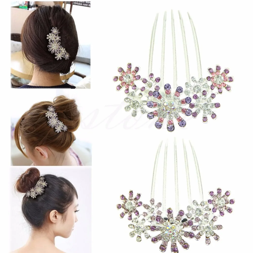 Women Crystal Rhinestone Petal Tuck Comb Flower Hair Pin Hair Clip Hairpin
