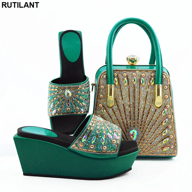 

New Arrival African Wedding Italian Shoe and Bag Sets Decorated with Rhinestone Women Shoes and Bag Set In Italy Plus Size Shoes