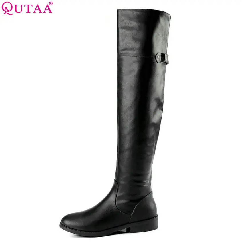

QUTAA 2018 Women Motorcycle Boots Fashion Women Shoes Casual Knee High Boots Pu Leather Winter Shoes Women Boots Size 34-43