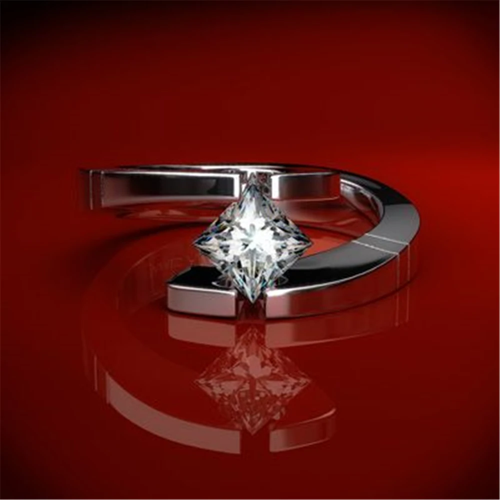 

White Stone Wedding Rings for Women Birthday Gift Princess Cut' Ring Silver Color Ring Men Luxury Jewelry Anel Feminino O4N976
