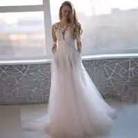 Rosa Long Sleeves Brautkleider Spitze Appliques Backless Illusion Scoop Brautkleid Brautkleid Robe De Mariée Vestido De Noiva
