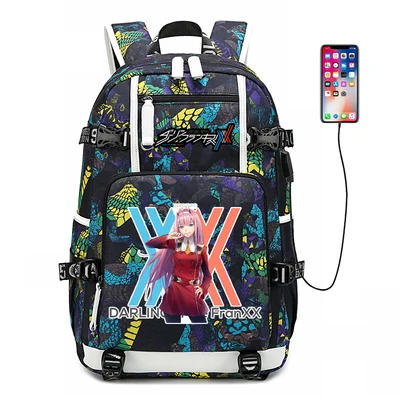New DARLING in the FRANXX schoolbag Printing laptop bag Men Travel bags USB Charging knapsack Oxford Backpack