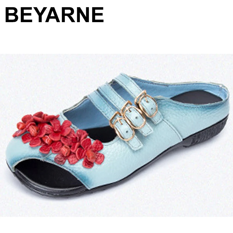 

BEYARNE 2019Fashion CutOuts Women Sandals Slippers Flowers & Buckle Women Shoes Summer Genuine Leather Casual Shoes WomanE133
