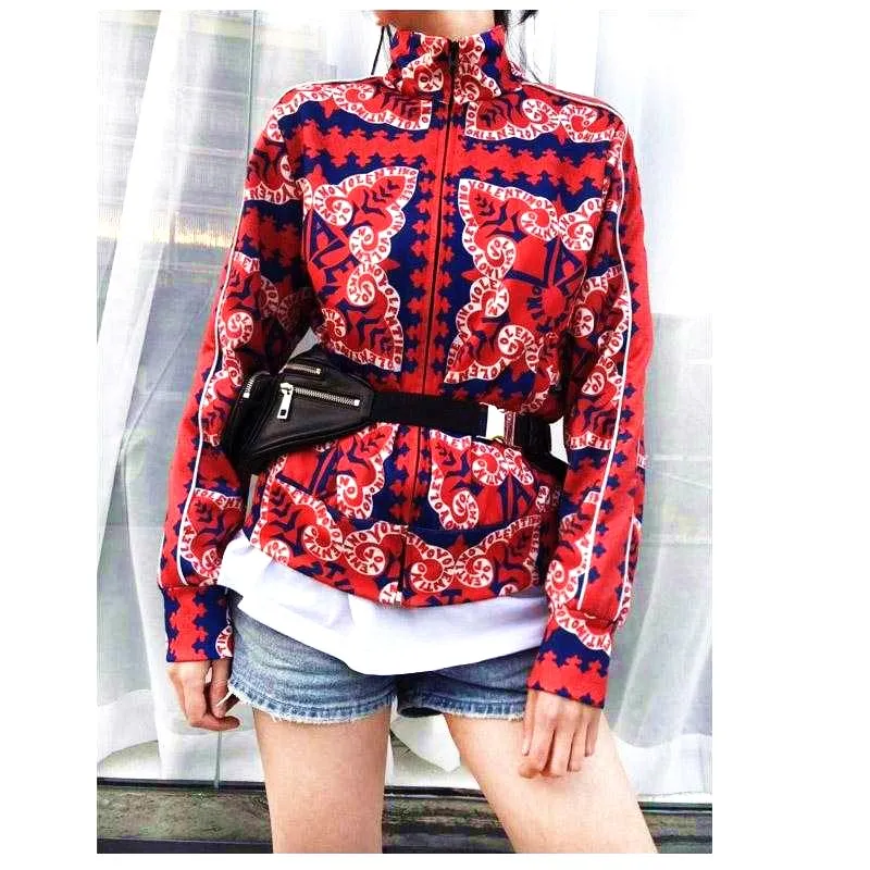 

Streetwear Runway Spring Autumn Coat Women Jackets Floral Print Letters Loose Baseball Casual Outwear Red Nice Tops Coats NS523