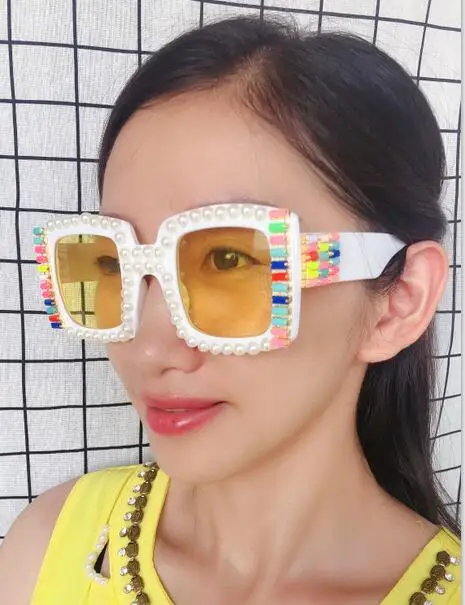 New Arrival Square Rainbow Beads Women Sunglasses Pink Polit Mens