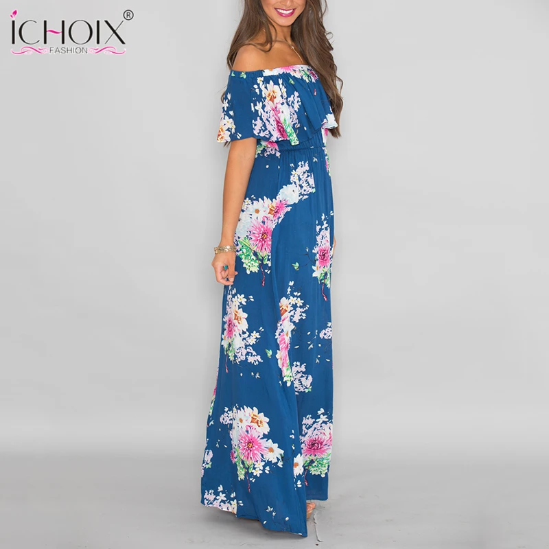 

Blue Off Shoulder white Dress floor length Women Long Dresses Floral Print Maxi dress Boho vestido women clothes 2019 robe