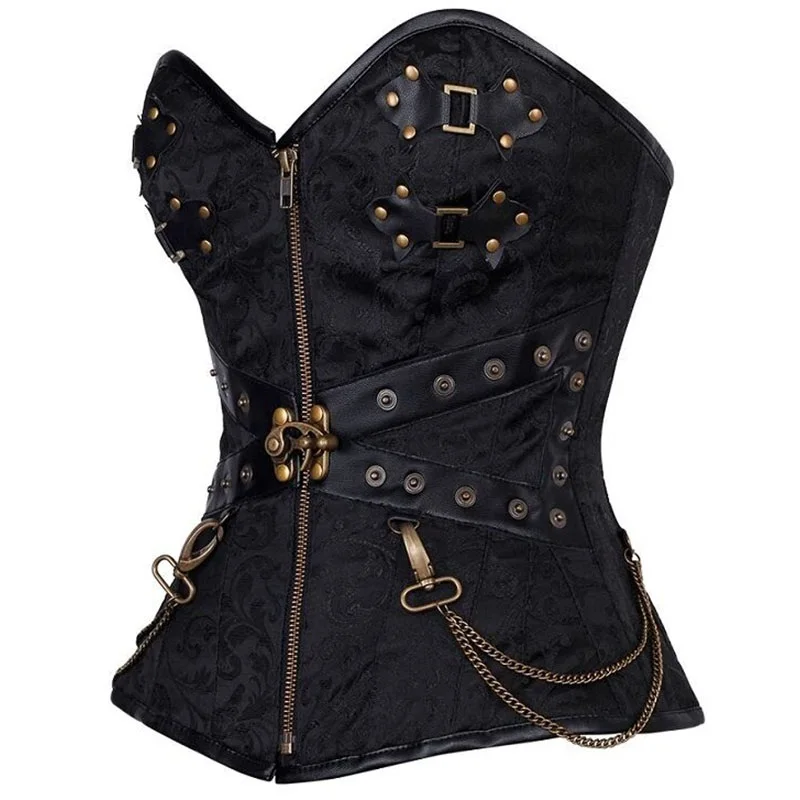 Black Brocade Overbust Espartilho Top Sexy Waist Trainer Steampunk Corselet Gothique Clothing Steel Boned Corsets and Bustiers (5)