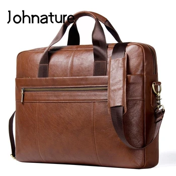 

Johnature 2020 New Genuine Leather Solid Zipper Silt Pocket Soft Handle Business Briefcase Men Handbags & Crossbody Bags