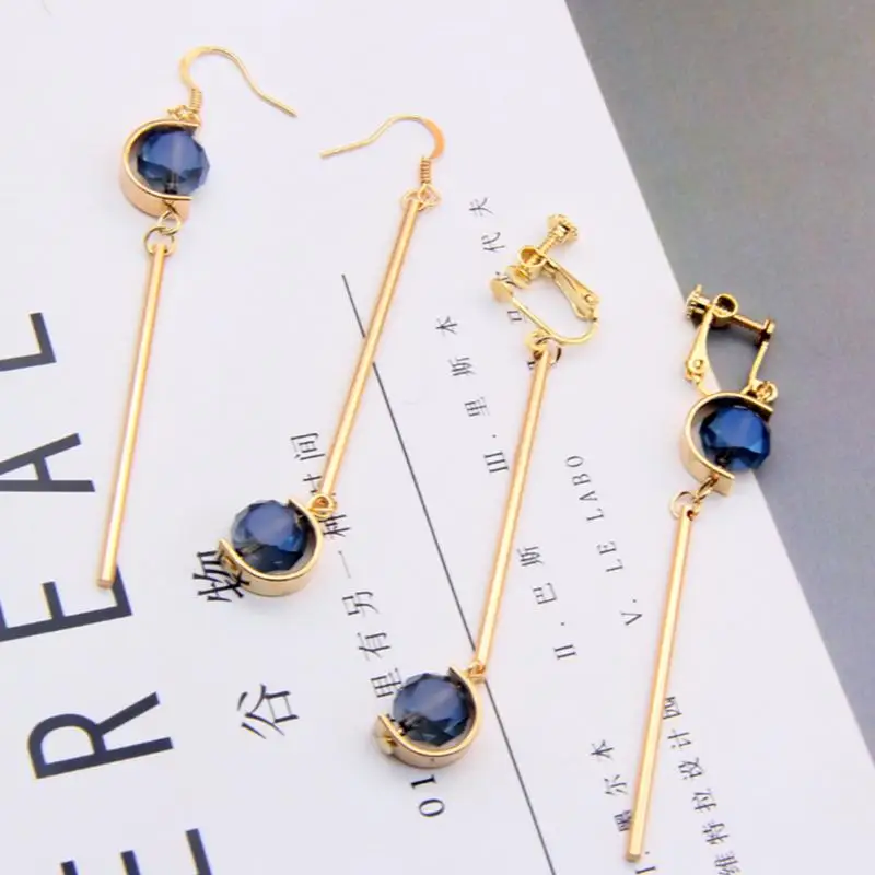 Модные женские серьги клип и уха Rhinestone Длинные падение ювелирные изделия с