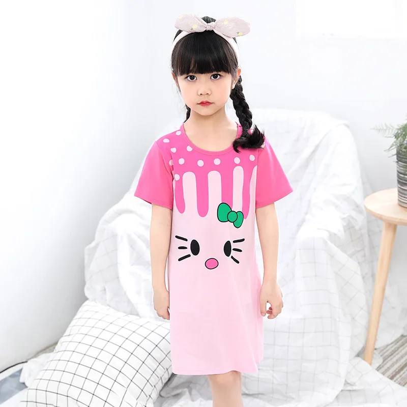 Хлопок рубашка маленьких подростков пижамы для девочек платья Детская Летнее платье с героями мультфильмов Ночная Рубашка домашняя одежда дети gecelik пижамы - Цвет: pink