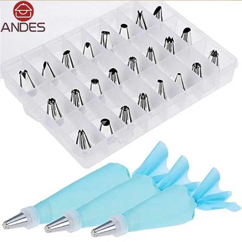 

ANDES 24 Pcs Stainless Steel DIY Icing Tip Set Tools with 3 Reusable Silicone Pastry Bags& Coupler Storage Case& Cake Decorating