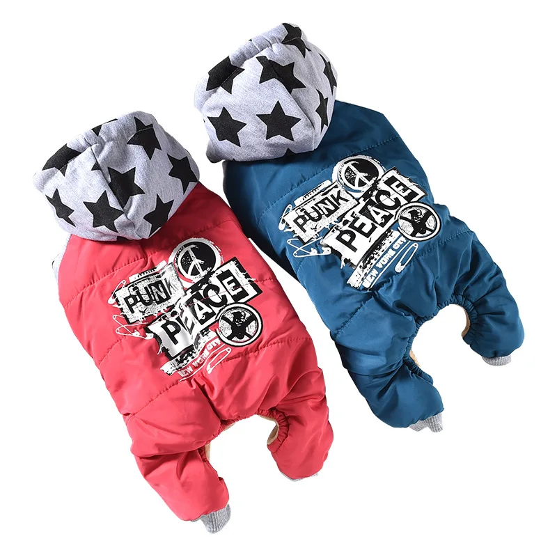 Winter New Arrivals Warm Dog Clothes with Five-pointed Star Printed Hit Color Four-footed Pet Jumpsuit for Small Dog Pug Clothes