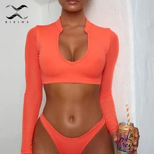 Bikinx-bikini brasileño de manga larga para mujer, traje de baño blanco de corte alto con Tanga, microbikini de malla para mujer 2020