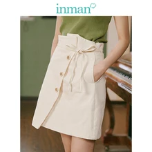 INMAN Autumn New Arrival Young Literary Style Lacing Button Slits A-line Women Short Skirt
