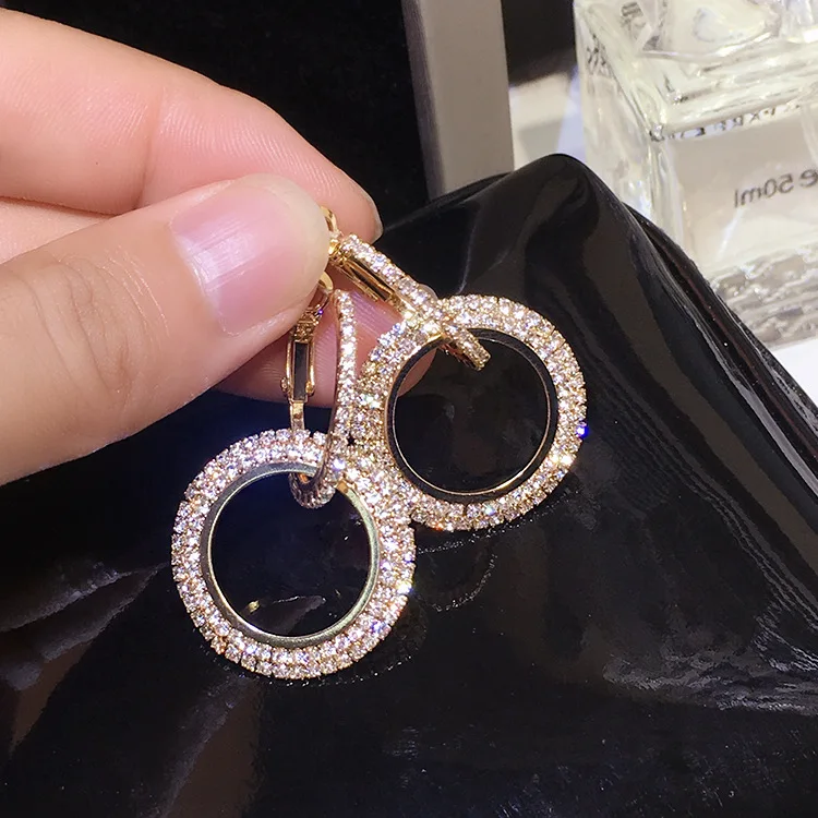 

Korean Fashion Rhinestone Circle Long Earrings Temperament Personality Women Europe and The United States Exaggerated Jewelry