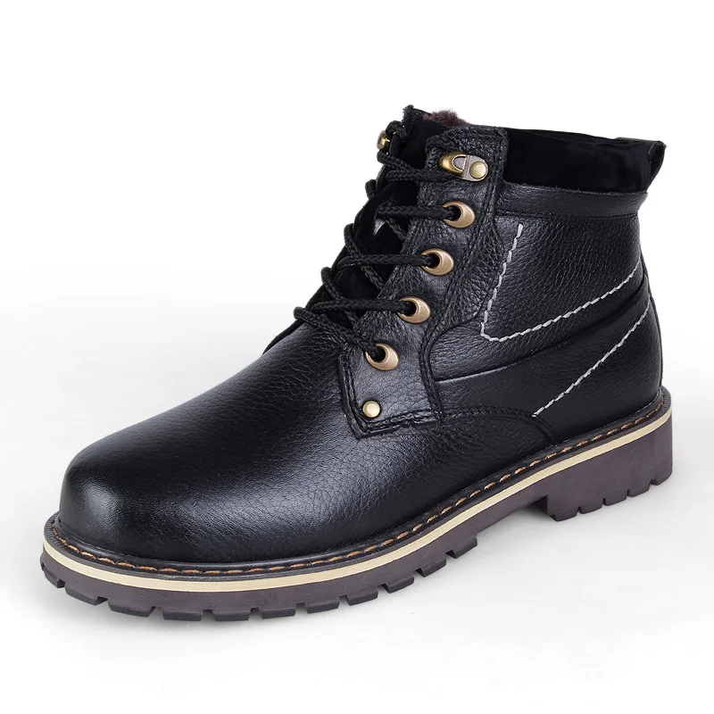 Мужские ботинки; высококачественные зимние ботинки из натуральной кожи; теплые зимние ботинки на меху с плюшевой шнуровкой; большие размеры; ботильоны; обувь - Цвет: Черный