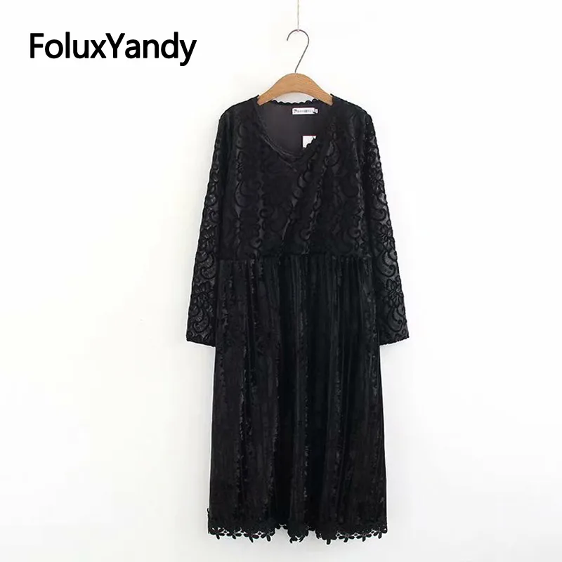 

Spring Lace Dress V-neck Female Vestidos Long Sleeve Plus Size XXXL 5XL Women Midi Vintage Dress Black KKFY3161
