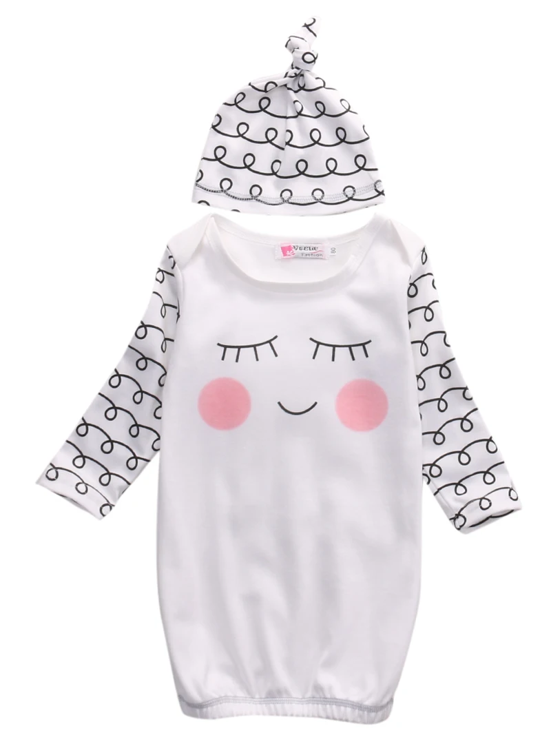 

Cute Newborn Infant Sleepy Eyes long sleeve o-neck white robes+Rosy Cheeks Outfit Baby Gown Hat 2pcs set 0-6M