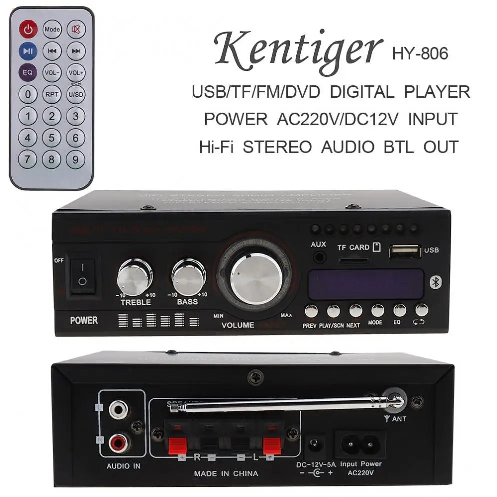 DC12V AC220V Bluetooth 2CH Hi Fi Car Stereo Audio Power Amplifier Digital Tube Display Player Support