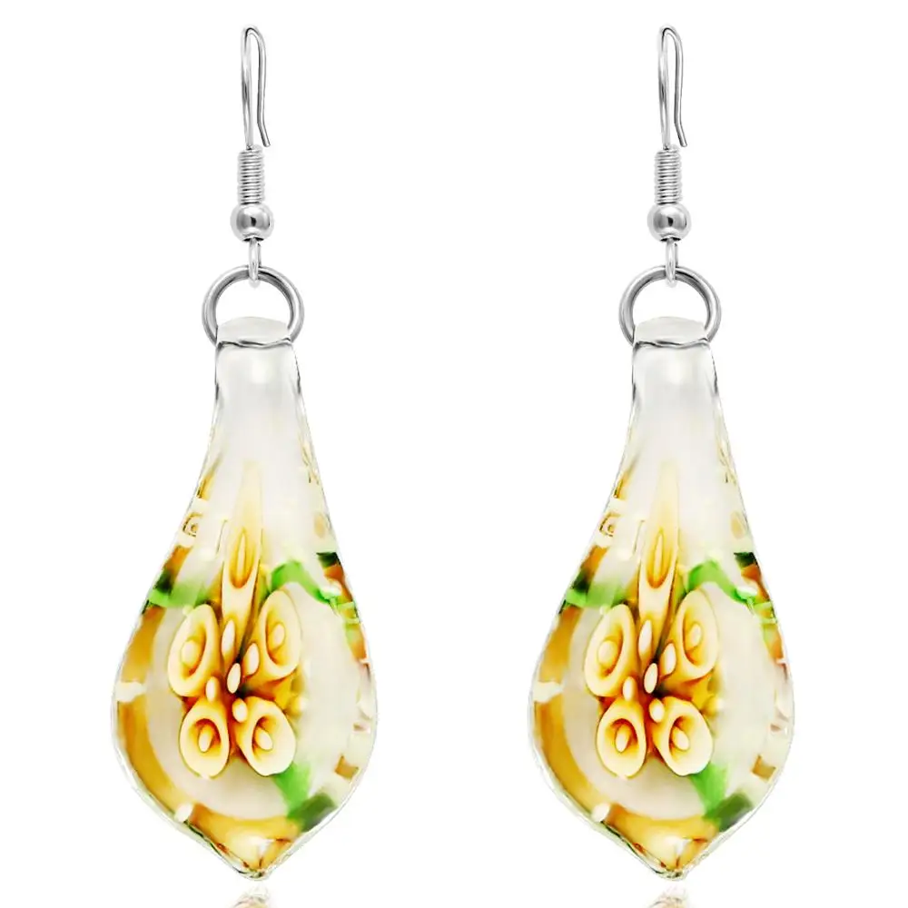 

Colorful Murano Glass Pendant Dangle Earrings Flower Inside Stainless Steel Drop Pendant Earring Jewelry Long Earrings