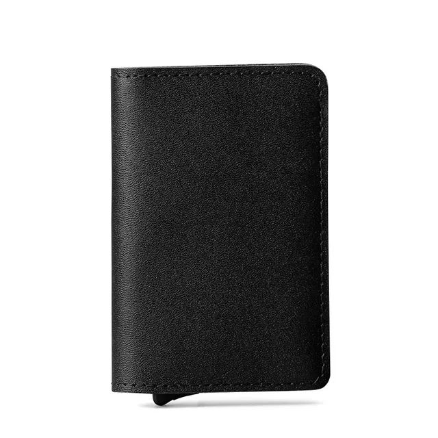 Men Wallet Automatic Credit card holder Crazy Horse Genuine Leather Aluminum Mini Wallet With Back Pocket ID Card RFID Blocking - Цвет: black