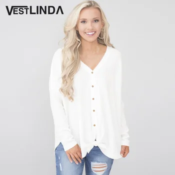

VESTLINDA Sweater Cardigan Two Wear V Neck Long Sleeve Asymmetric Button Tied Tops Women Casual Button Clothing Knit Sweater