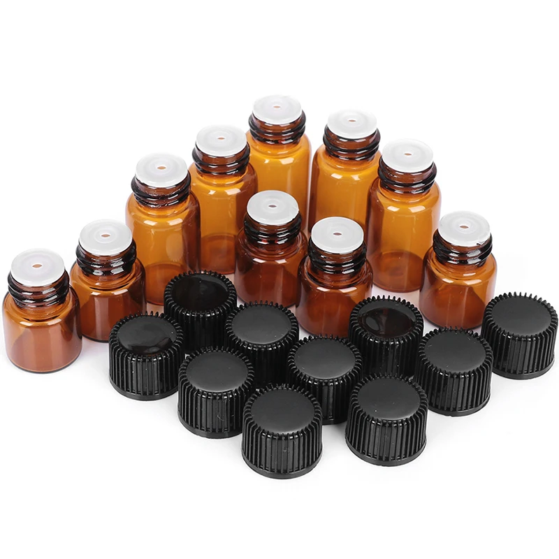 

5Pcs 1/2/3/5ML Essential Oil Storage Bottle Jar Orifice Reducer Refillable Bottles Brown Glass Vials with Cap Cosmetic Container