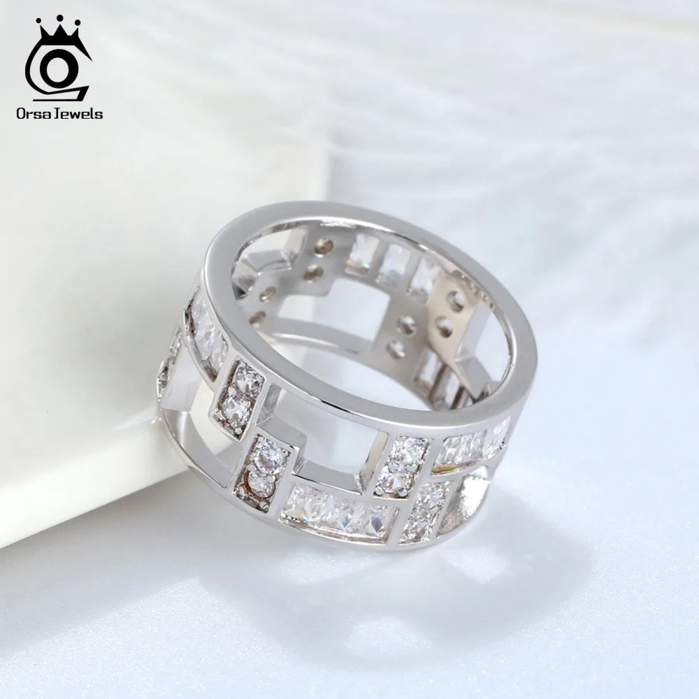 ORSA JEWELS Men Women Rings Unisex Original Tetris Pattern Hollowed AAA CZ Silver Color Cocktail Ring Female Gift Jewelry OR172
