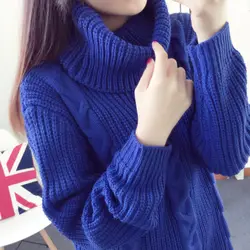 Женский Длинный свитер с высоким воротом для молодых девушек, Модный осенне-зимний Ретро Свободный пуловер, толстый вязаный свитер для