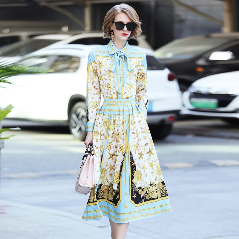 GEORELIOT Runway Designer Two Piece Suit Set Womens Long Sleeve Bow Collar Vintage Printed Blouse And Retro Midi Skirt Sets Women's Sets